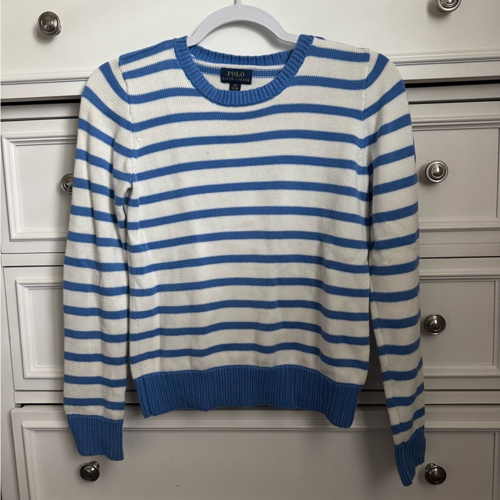 Polo by Ralph Lauren Girl White and Blue Striped Sweater Sz L 12/14
